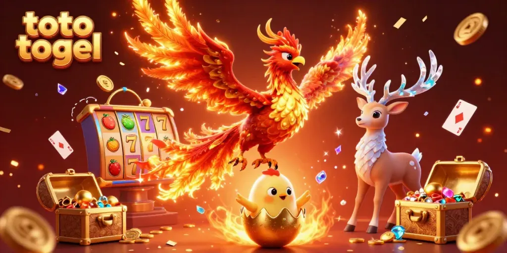 Experience the excitement of toto togel with a vibrant casino scene featuring a phoenix and treasure elements.