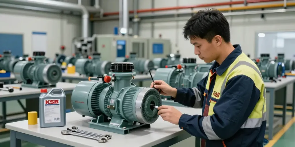 Bombas KSB Venezuela en operación industrial con técnico manteniendo equipos