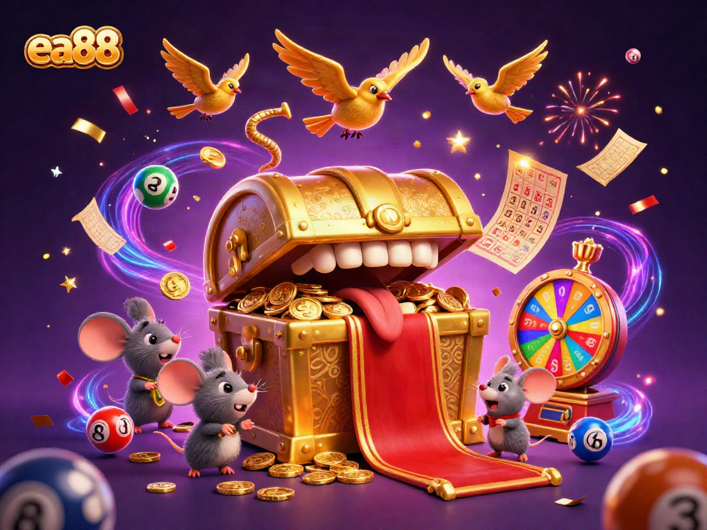 Experience excitement with ea88 as colorful lottery balls bounce and treasures await in this vibrant casino scene.