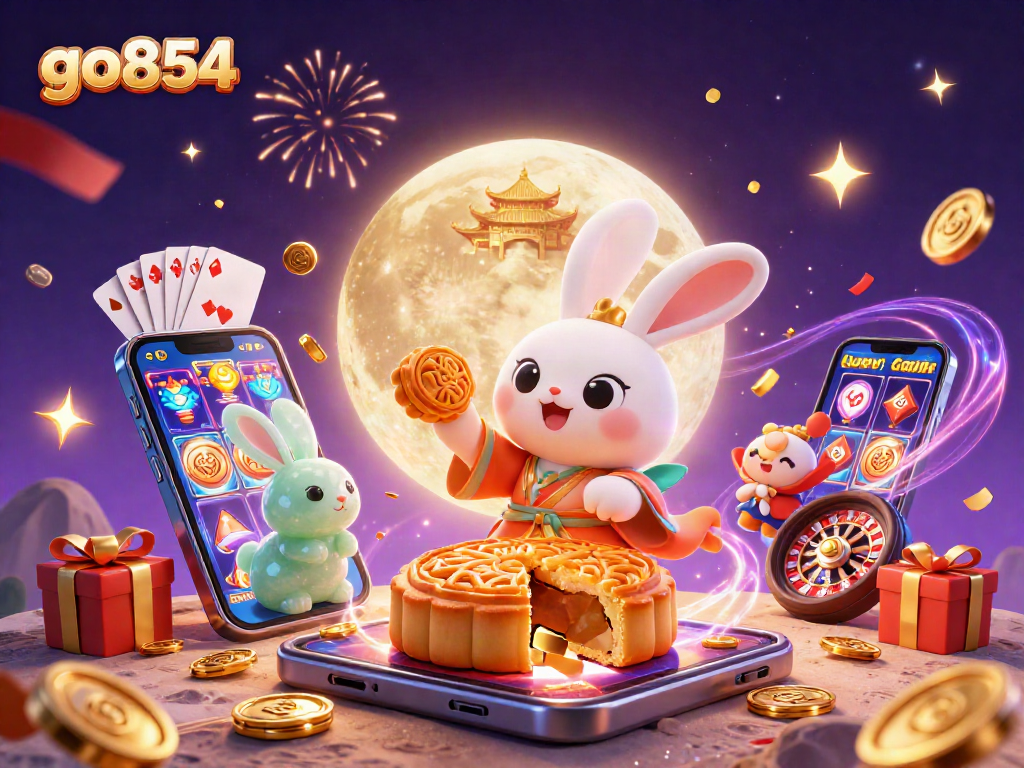 Experience go854's vibrant casino atmosphere with a moon rabbit pounding mooncakes revealing poker chips.