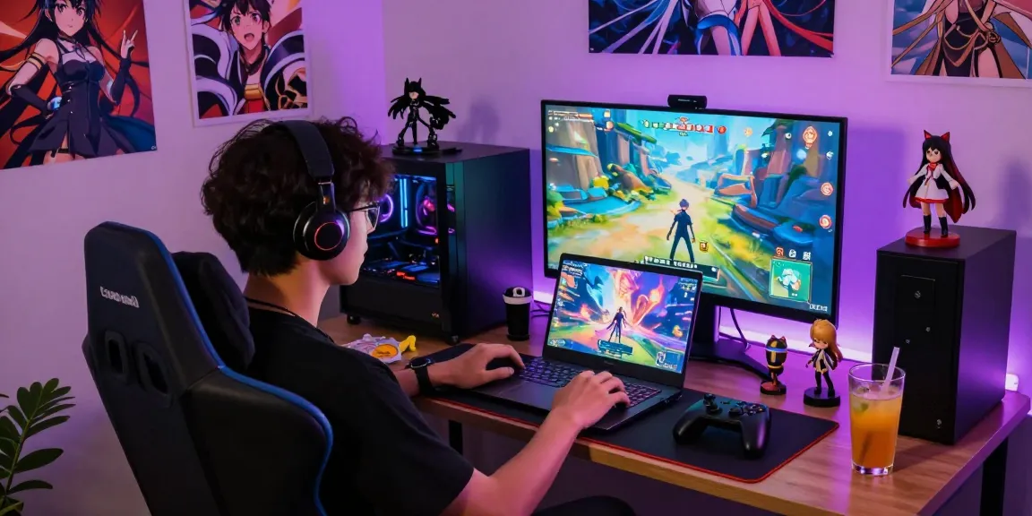 Immersive scene of a gamer playing a hentai game online in a cozy room.