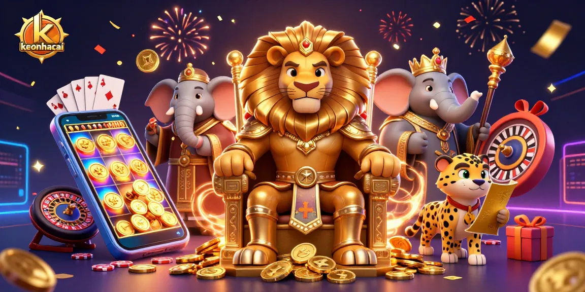 Join the realm of keonhacai with vibrant casino elements featuring a lion king and playful characters.