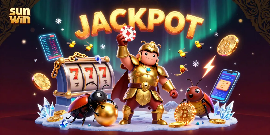 Win big at sun win with a victorious 3D beetle lifting a poker chip in a vibrant casino scene.