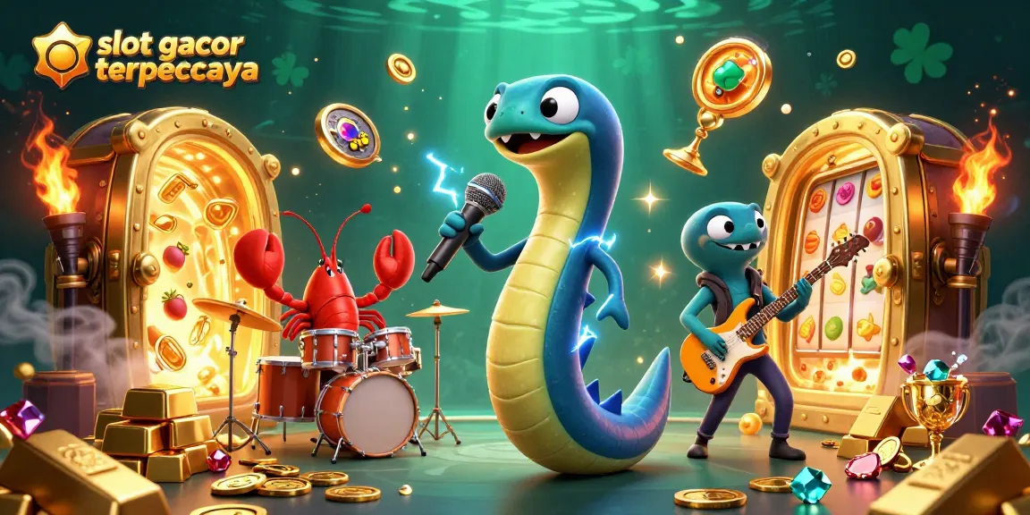 Engaging slot gacor terpercaya scene with electric eel DJ, lobster drummer, and seahorse guitarist under dynamic casino lights.