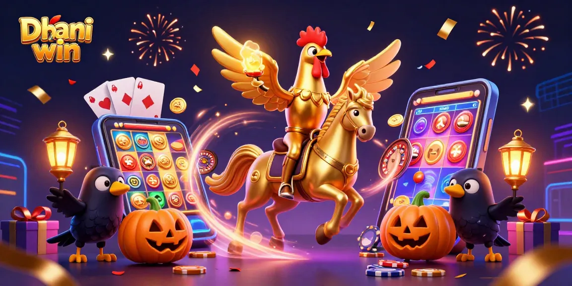 Dhani win showcases a golden rooster in a midnight casino, riding a spectral horse among gaming elements.
