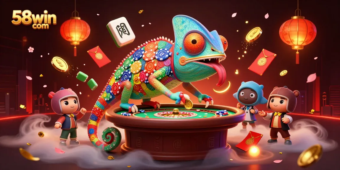 Bet on exciting games at 58win com with colorful chameleon, casino themes, and dynamic action!