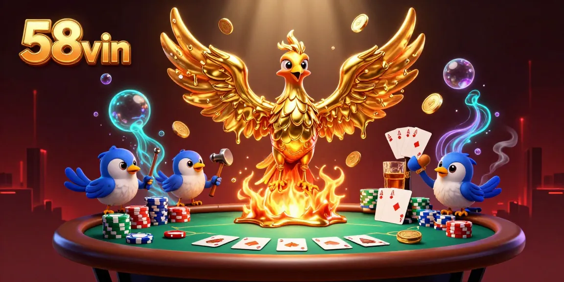 Experience thrilling poker action with 58vin; witness a molten phoenix amidst vibrant casino elements.