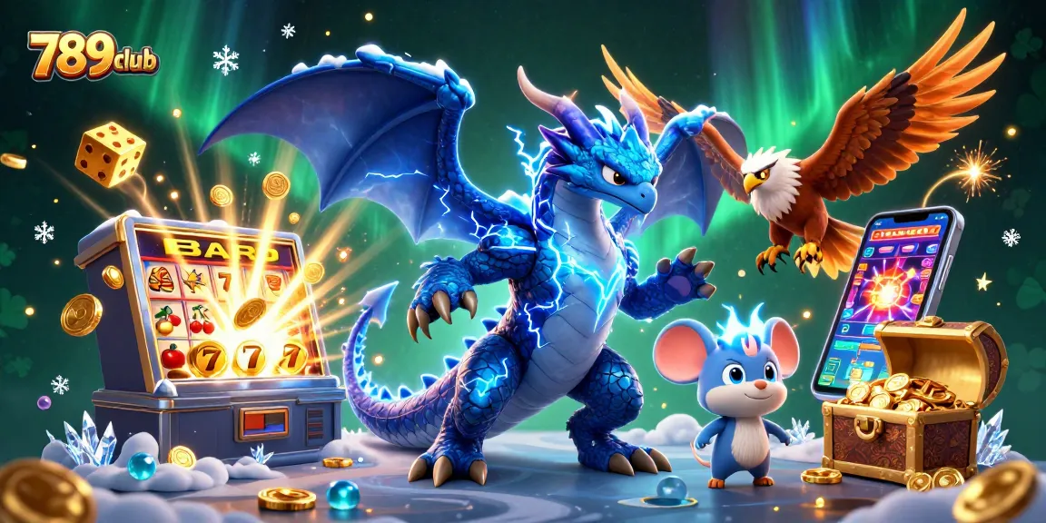 Engage in thrilling gameplay at 789club with a dynamic scene of casino excitement and vibrant characters.