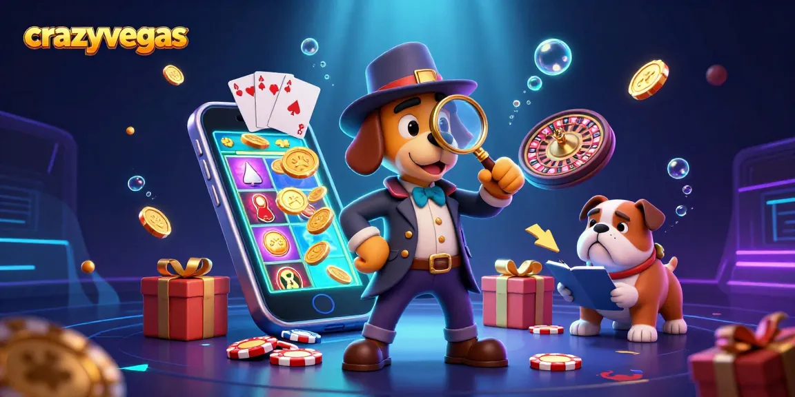 crazyvegas showcases a detective bloodhound examining poker chips amidst vibrant casino elements.