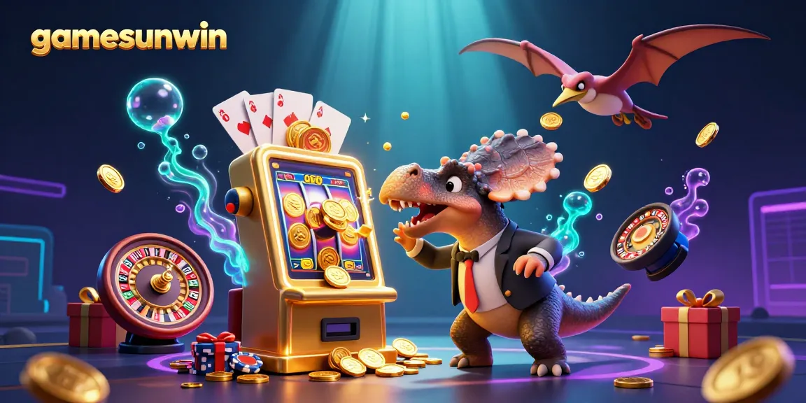gamesunwin features a pachycephalosaurus hitting a slot machine, coins flying around in a colorful casino scene