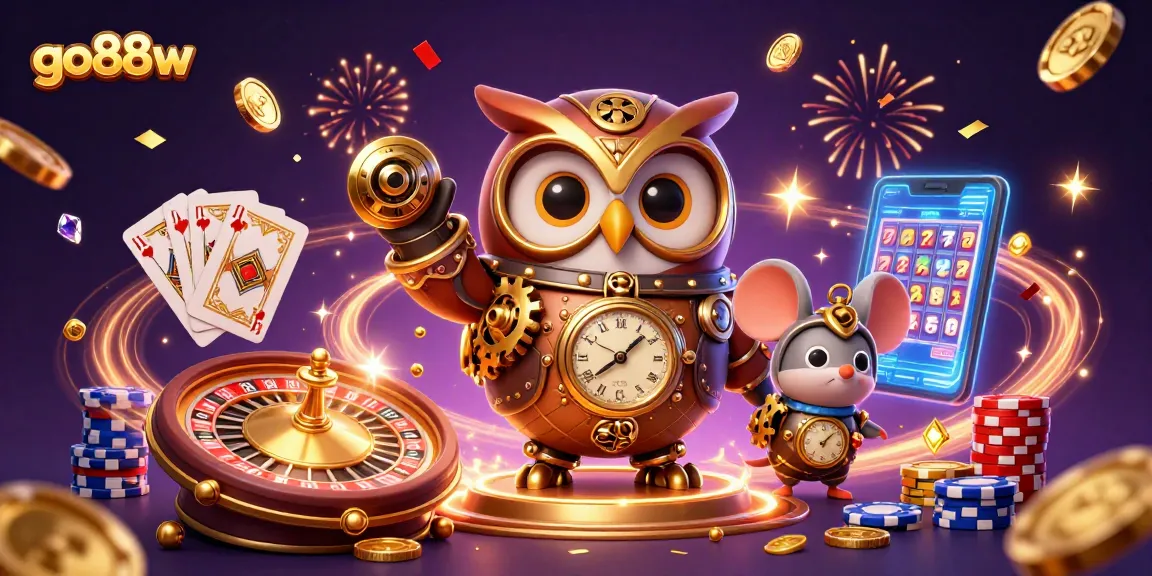Experience thrilling gaming at go88w with a dynamic scene of cartoon characters and casino elements.