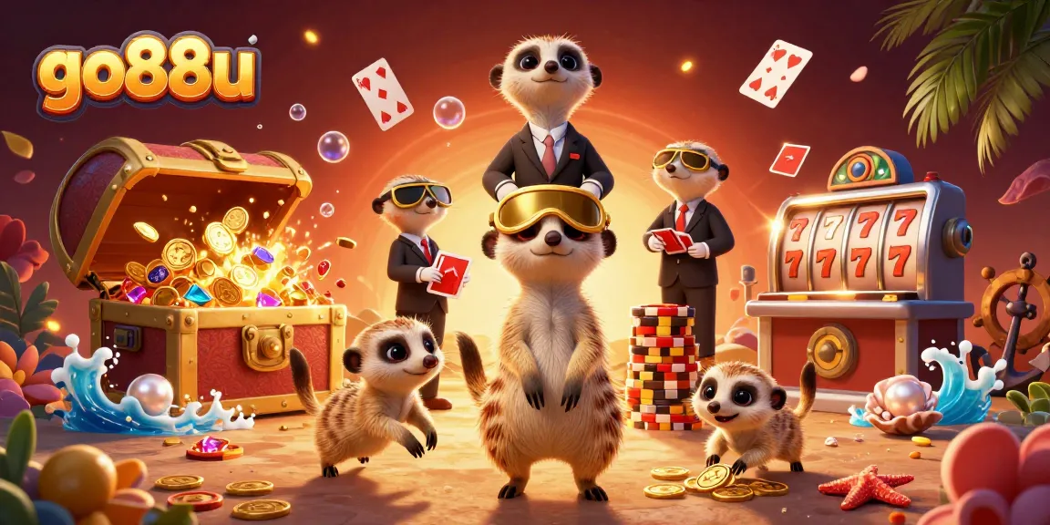 Experience exciting gaming at go88u with meerkats managing casino operations and vibrant slot machines.